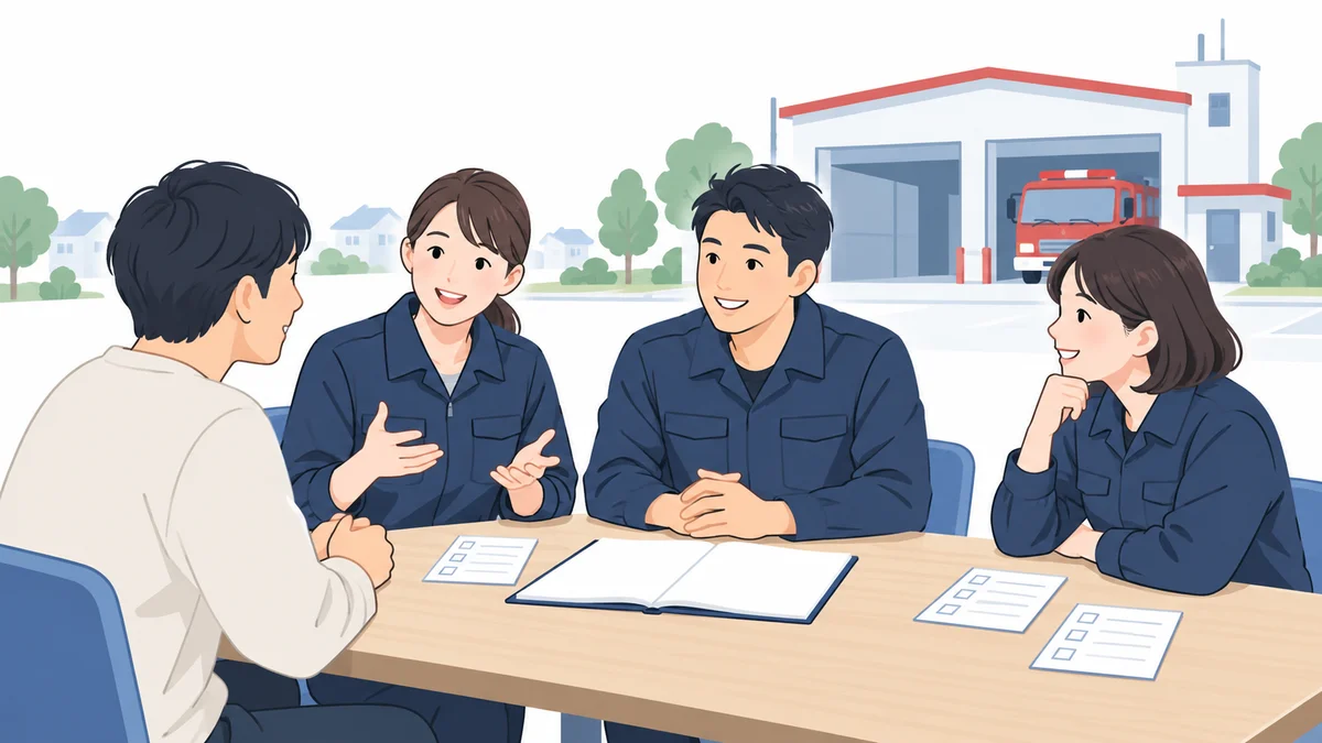 消防団員と参加を検討する人が、机上のメモを見ながら相談する架空の場面